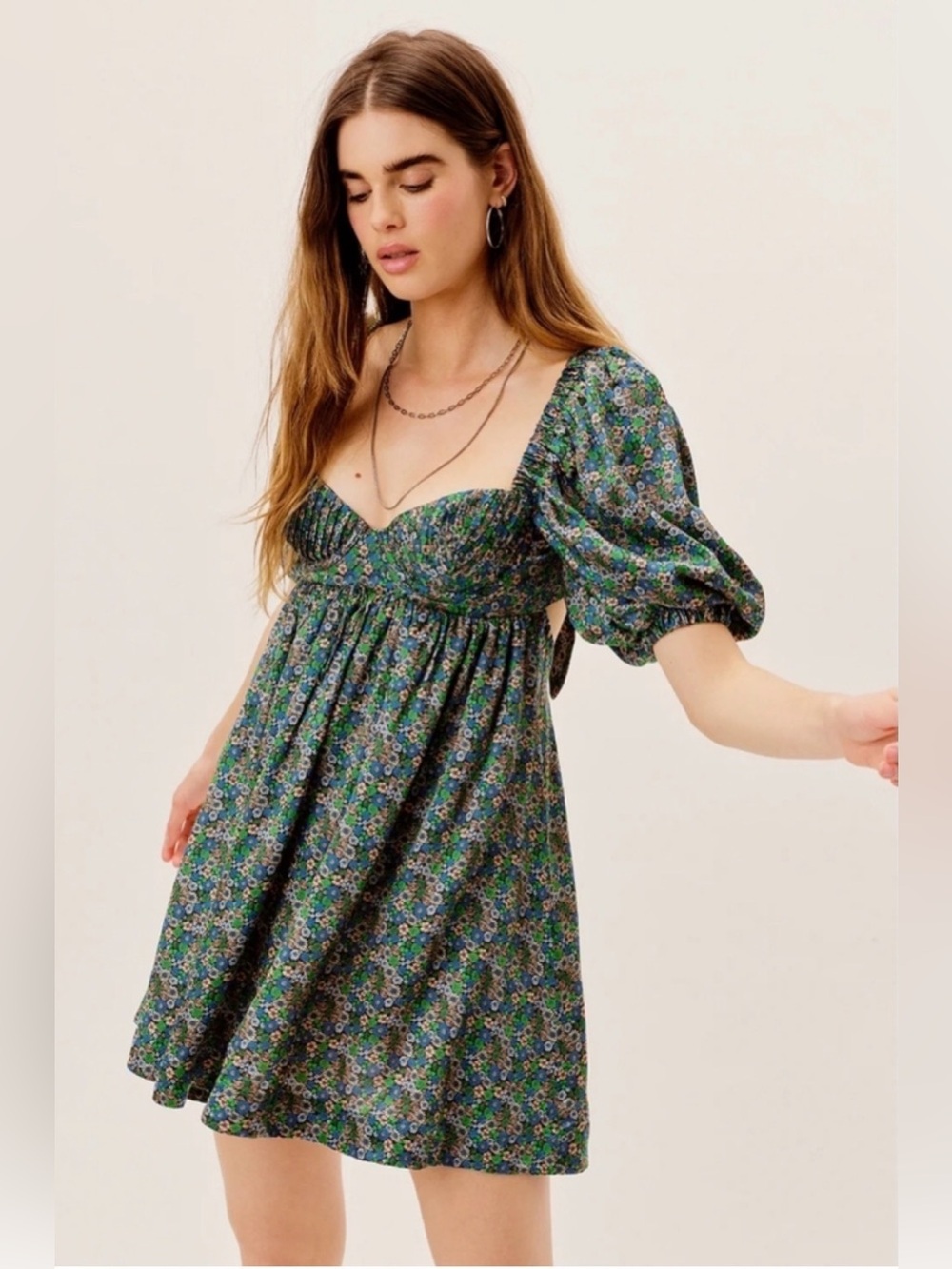 For Love And Lemons Dress Alisa Babydoll Green Floral Mini NWT